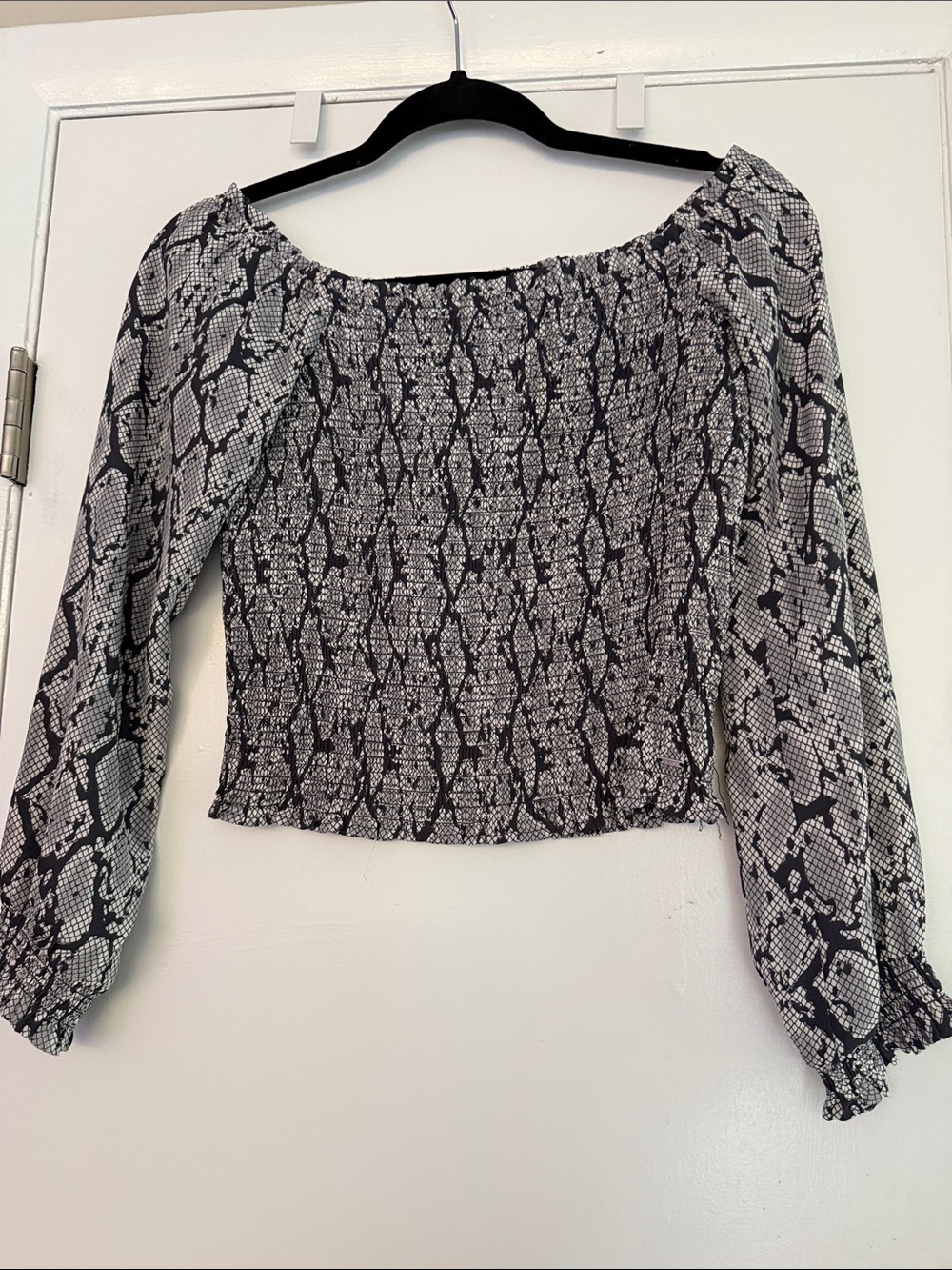 Guess Black & White Smocked Off-Shoulder Snake Print Blouse